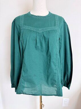 J.Crew Women's  Lace-Trim Long Sleeve Blouse Green Cotton size XL